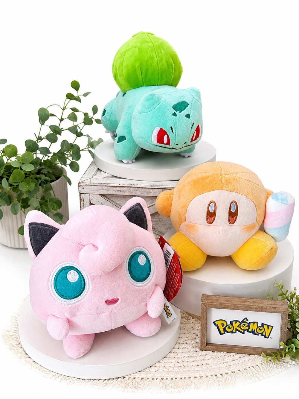 Jigglypuff, Bulbasaur & Waddle Dee Plush Trio - Pink, Green, Yellow
